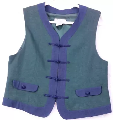 Talbots Vest Womens Petite Small Green Rayon Monkey Fist Knot Close Blue Trim • $11.99