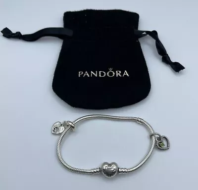 Auth Pandora 925 Sterling Silver Heart Clasp Snake Bracelet W/ Love Charms • $0.99