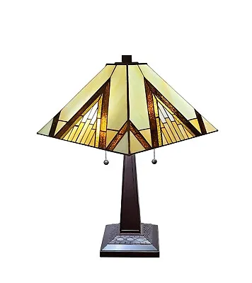 Tiffany Style Table Lamp Banker Mission 22  Tall Stained Glass YellowsIvoryBrown • $109.99