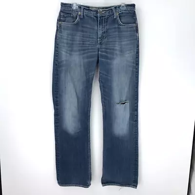 Buckle Mens Tyler Classic Straight Jeans Blue Distressed Whiskered Denim 33 L • $29.99