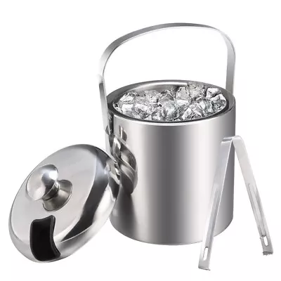 1.2L Ice Bucket + Tongs & Lid Insulated Double Walled Stainless Steel Cooler • £16.99
