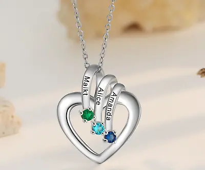 Personalized Heart 3 Name 3 Birthstone Necklace For Mom Or Grandma • $31.99