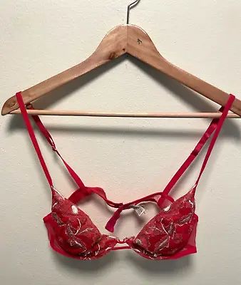 Vintage Malizia By La Perla 3 36C Bra Red Lace Floral Embroidered Lingerie Fairy • $39.88