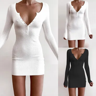 Womens Sexy Ribbed V Neck Mini Dress Ladies Long Sleeve Bodycon Jumper Dress • £12.79