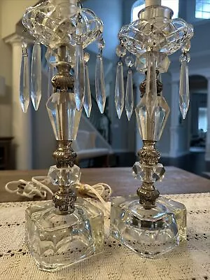 Pair Of Vintage Glass Boudoir Table Lamp With Crystal Prisms. • $139.50