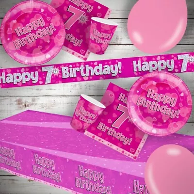 Girls Pink Age 7th Birthday Decorations Banner Bunting Balloon Napkins Tableware • £2.90