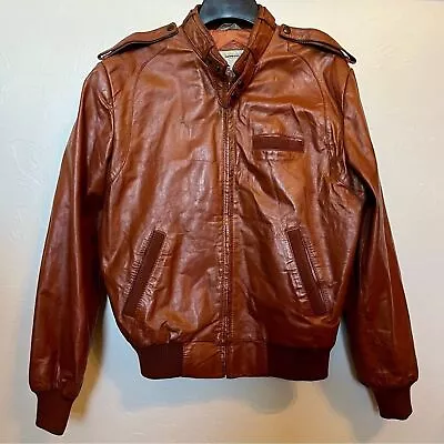 Members Only X Vintage 80s Brown 100% Leather Bomber Jacket Sz 42 • $58