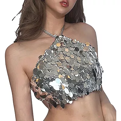£20.82 • Buy Women Silver Sparkle Sequin Crop Top Shiny Slim Fit Camisole Rave Party Clubwear