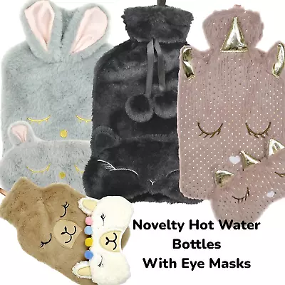 Plush Unicorn LLama Cat Rabbit Hot Water Bottle & Eye Mask Gift Removable Cover • £11.99