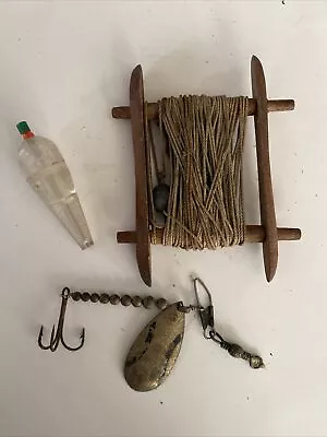 Antique Vintage Wooden FISHING LINE W Weight Plus Hook & Extras ! Primitive • $19.99