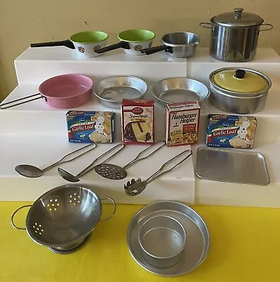 Large LOT Of  22 Pc VINTAGE Children's Cookware And Utensils Tin Or Metal • $42