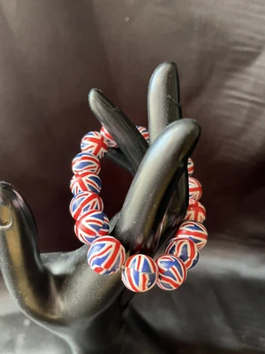 £4.75 • Buy RETRO Union Jack Beaded Bracelet Stretchy Polymer Clay Multi-Coloured -Vintage