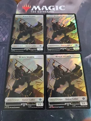 Mtg. 4x Human Soldier (0015) Double-Sided Tokens. Surge Foil. Lord Of The Rings. • $2.99