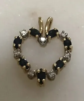 14K Solid Yellow Gold Heart Pendant Round Diamonds Marquise Sapphires Vintage • $195