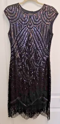 Mardi Gras 1920s Flapper Beaded Sequins Great Gatsby Black Party Cocktail Dress • $42.29