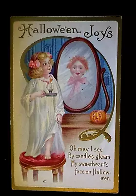 Little Girl With Candle~JOL~Sees  Boy In Mirror~Antique Halloween Postcard~h663 • $22.95