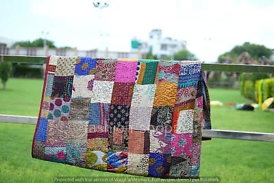 Vintage Silk Sari Patchwork Kantha Quilt Handmade Bedding Blanket King Size • $57.41