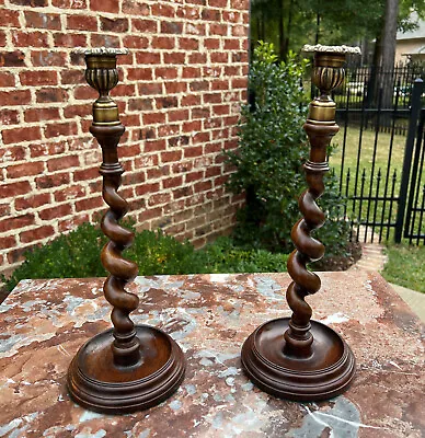 Antique English Barley Twist Candlesticks Candle Holders Oak PAIR 14  Tall • $649