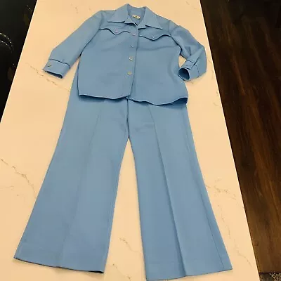 Vintage 70’s Two Piece Long Sleeve Suit Jacket & Dress Pants In Sky Blue Size 18 • $69.99