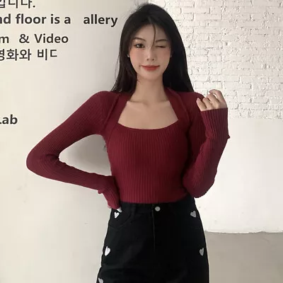 Korean Square Collar Knitted Sweater Women Solid Long Sleeve Chic Slim Knitwear • $17.13