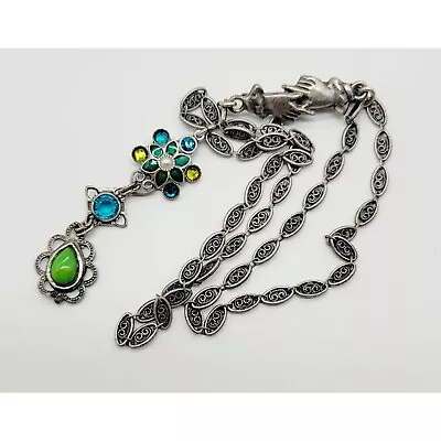 Vintage Mary Demarco Silver Tone Rhinestone Dangle Hand Clasp Necklace N16 • $34.99