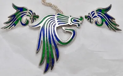 Vintage Taxco Mexico Sterling Inlay Malachite Lapis Dragon Necklace W/Earrings • $135
