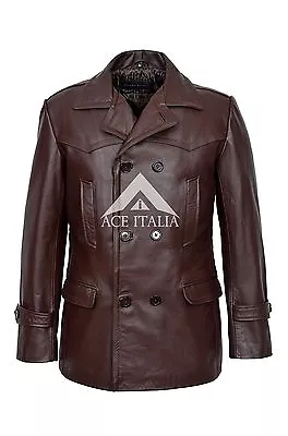 GERMAN Mens Leather Pea Coat Brown Classic Reefer Military Cowhide Jacket DR WHO • $128.21