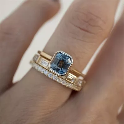 3Pcs/Set Fashion Square Shiny Blue Cubic Zirconia Ring For Men Women Wedding • $2.25