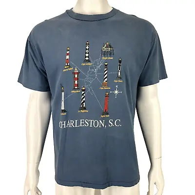 Vintage Charleston Mens Shirt Lighthouse Map Blue South Carolina Travel Souvenir • $5.99