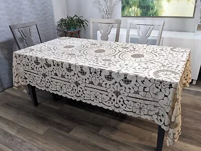 Madeira Style Embroidered Cutwork Large Tablecloth Rectangle Ivory/Taupe • $89