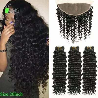 3 Bundles Lace Frontal Human Hair Wigs Malaysian Hair Bundles Deep Wave Closure • $172.30