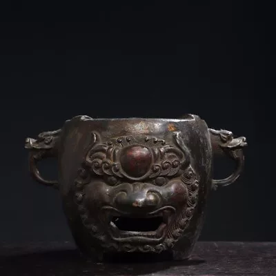 7.5  Old Antique Qing Dynasty Bronze Gilt Beast Head Double Ear Incense Burner • $235.20