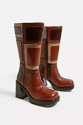 £150 • Buy Jeffrey Campbell Keely Brown Patchwork Platform Heeled Boots Knee High UK5 EU38