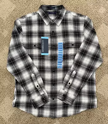 Mens Lucky Brand Long Sleeve Button Down Flannel Shirt Black Plaid Size Large • $34.99