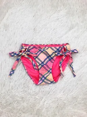 Victoria’s Secret Swim Pink Crinkle Madras Plaid Bikini Bottoms Tie Side Size XS • $16.90