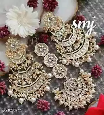 Bollywood Style Gold Plated Indian Jewelry Kundan Mangtika Jhumka Earrings Set • $19.11