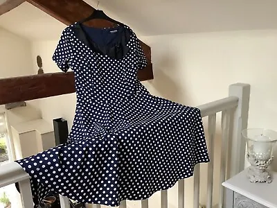 Navy Polka Dot Fit & Flare Dress Scoop Neck Size 16 50’s Style  • £8