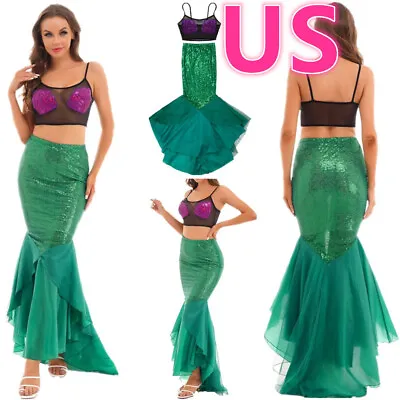 US Woman Sequins Mermaid Mesh Top Tail And Skirt Halloween Fancy Dress Cosplay  • $28.51