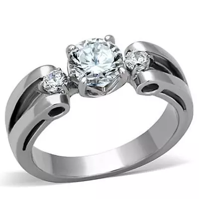 Round Cut 6.5mm & Side Accents Stainless Steel Engagement-Bridal Ring Silver Ton • $13.97