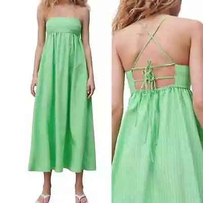 Zara Striped Midi Dress Open Back Lace Up Strappy Empire Waist Lime Green NEW XL • $58