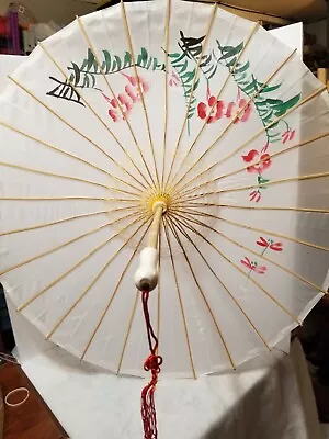 Vintage Asian Chinese Japanese Bamboo Wood Umbrella Hand Painted 32  Extended • $39.99