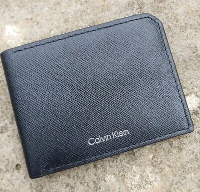Genuine CALVIN KLEIN Slim Black Leather WALLET *ID WINDOW* Cards Notes New Tags • £49
