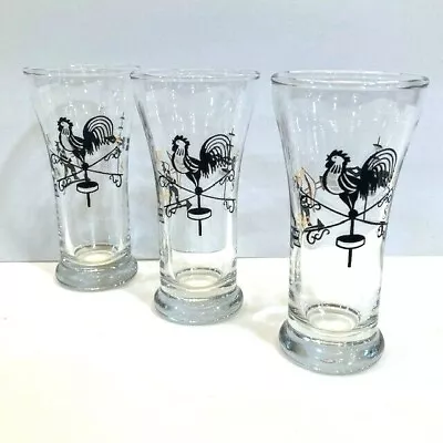 3 Libbey Clear Glasses With Rooster Weathervane Black White Gold Graphic  • $10.95