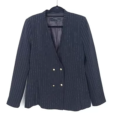 Zara Women's Black Pinstriped Collarless Double Breasted Blazer Size Large • £17.99