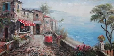 24x48 Mediterranean Stone House And Paveway With Stunning Sea View Oil Painting • $103