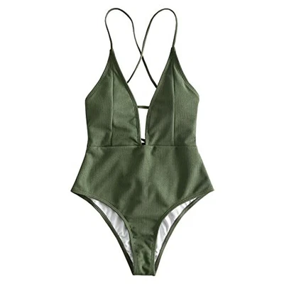 $2.99 • Buy ZAFUL Womens  Plunging Ribbed Lace Up Crisscross One Piece Swimsuit Bathing