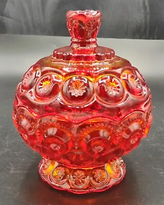 Vtg L.E. Smith Amberina Red MOON AND STARS Candy Dish With Lid 5.75  **UV Glow** • $39.99