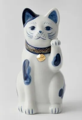 Japanese Hand Painted Lucky Cat SETO Maneki Neko 14.5cm Left-Hand Blue & White • $99.80