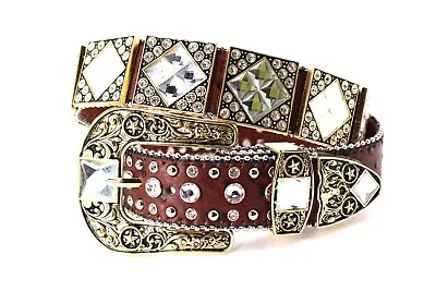 Western Belt Genuine Leather Bling Big Rhinestone Clear Coffee Pants Size 26 • $59.99