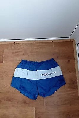 ADIDAS 1980s VINTAGE FOOTBALL SHORTS MADE IN WEST GERMANY Sz 8 BLUE WHITE NYLON • $61.13